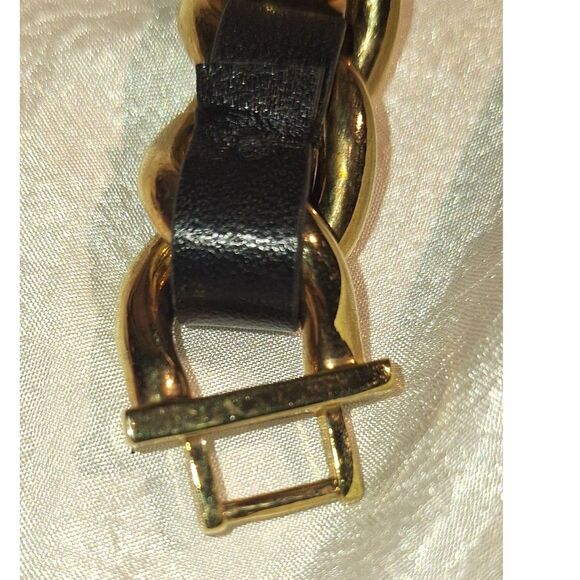 Anne Taylor Women's Bracelet Gold Tone Chain Black Faux Leather Mob Wife - Picture 4 of 6